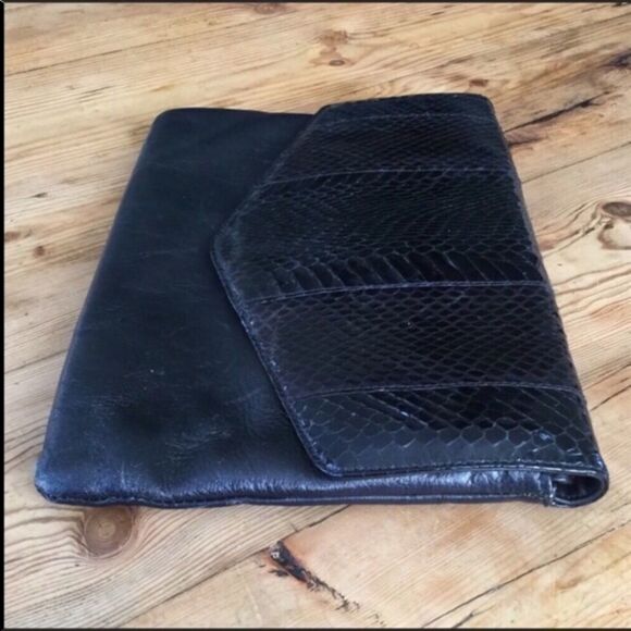 Vintage Black Leather Snake Skin Print Envelope Purse Bag Clutch - Picture 3 of 7